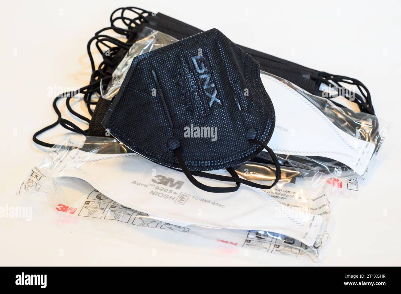 An assortment of N95 and surgical masks of the type used to combat the