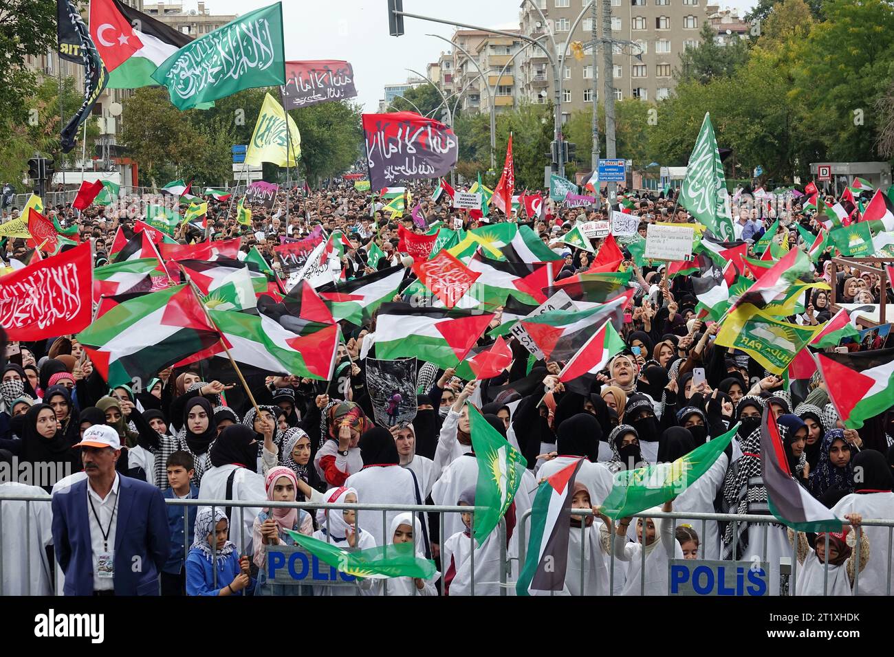 Diyarbakir, Turkey. 15th Oct, 2023. A crowd of people attends a rally ...