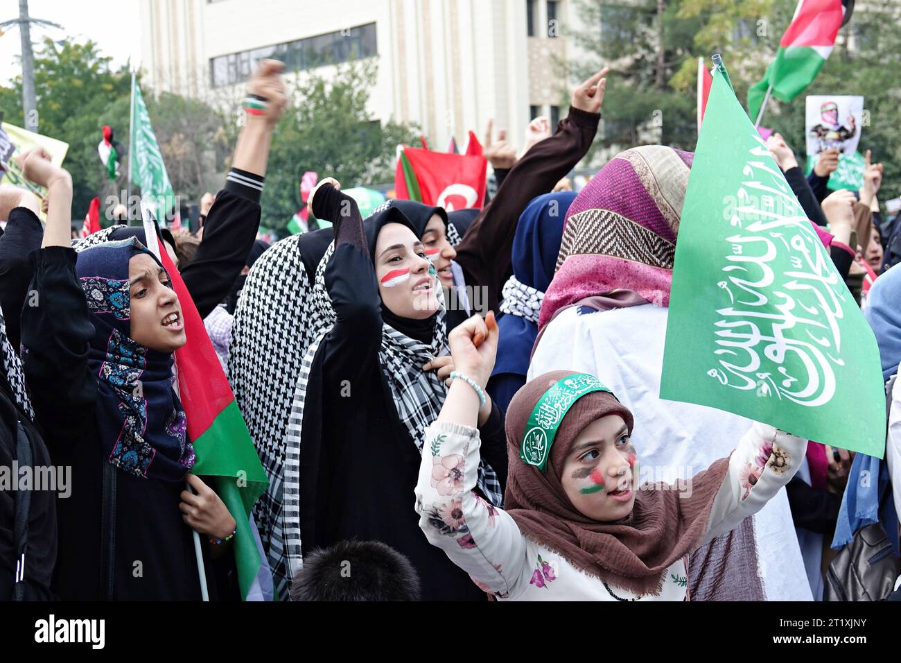 Protesters are seen chanting slogans and holding flags during a rally ...