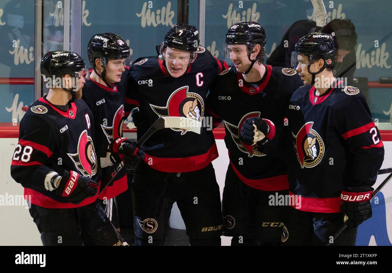 Ottawa Senators left wing Brady Tkachuk celebrates his goal with ...