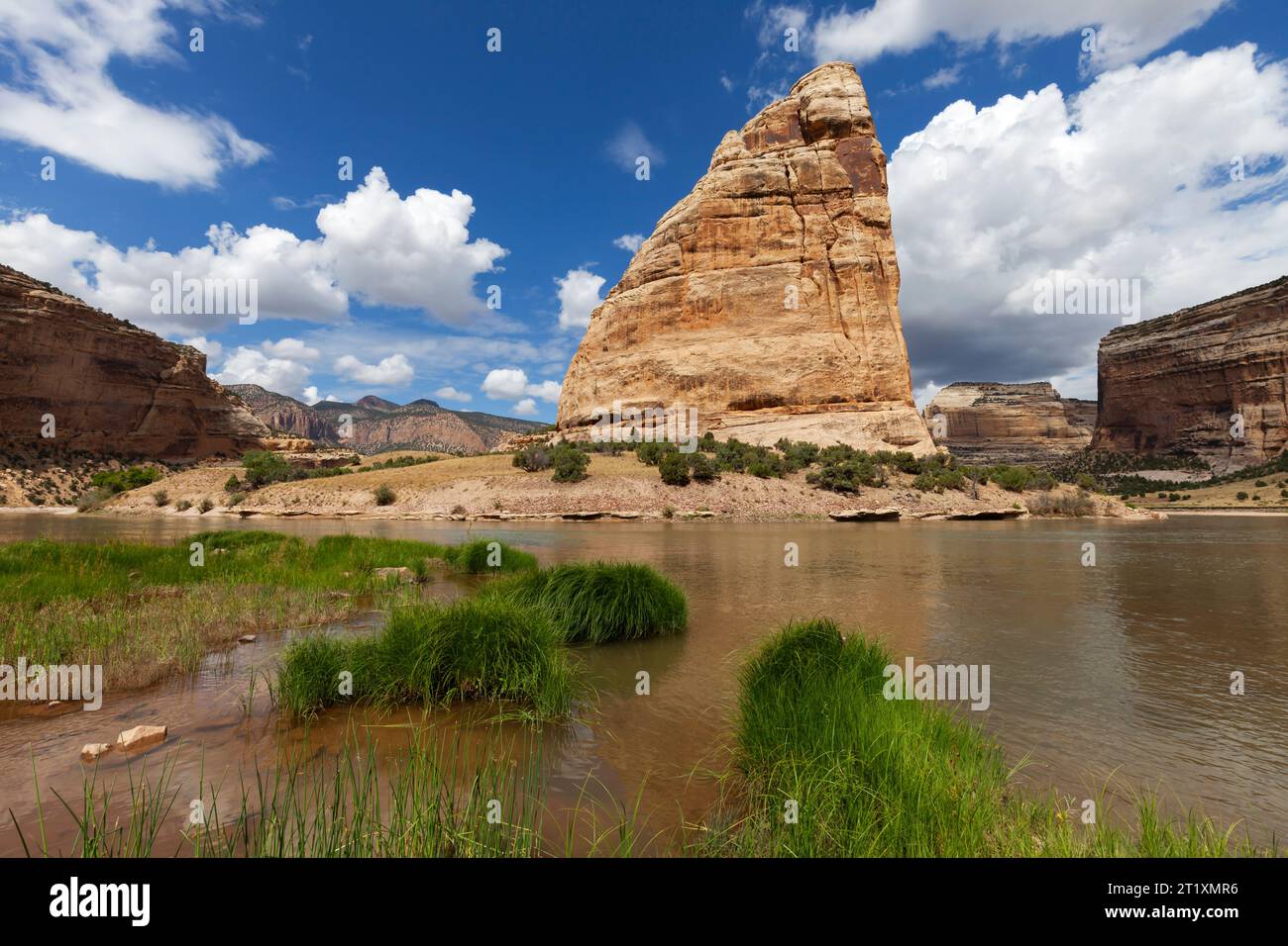 The Green River makes a horseshoe bend around Steamboat Rock in the Echo Park area of Dinosaur National Monument. Stock Photo
