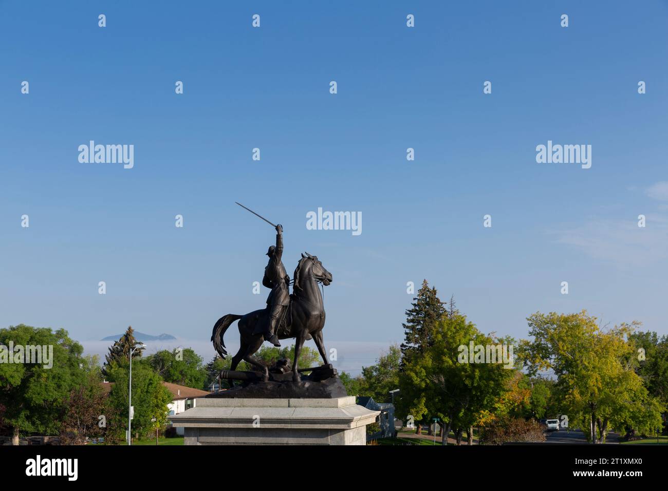 Statue of Civil War general and territorial governor Thomas Francis Meagher looks out over the Prickly Pear Valley from the Montana State Capitol in H Stock Photo