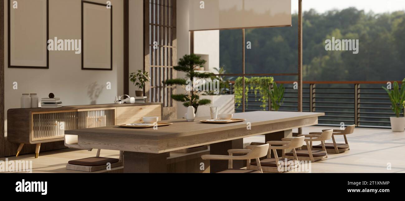 Interior design of a modern, minimalist Japanese living room or dining ...