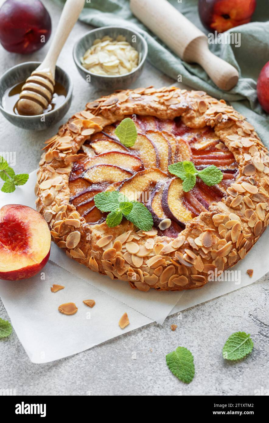 Homemade galette with peaches. Homemade open pie with fresh fruits ...