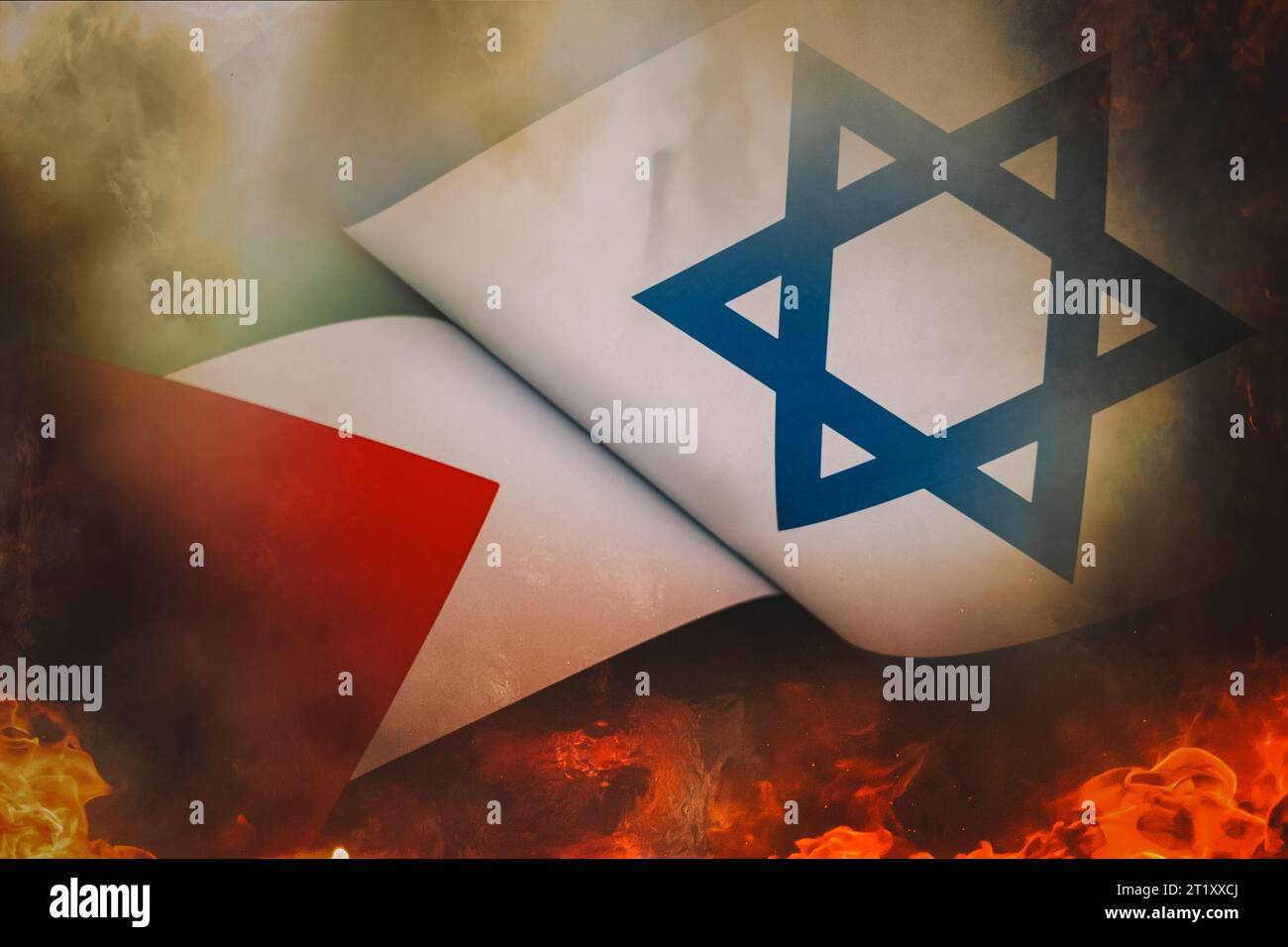 Flags of Israel and Palestine painted on cracked wall background. Concept of the Conflict between Israel and Palestinian Authorities. Stock Photo