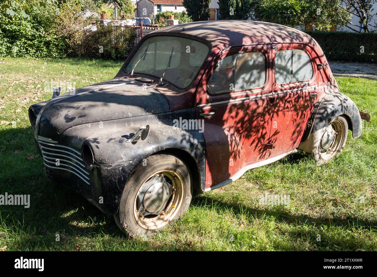 Bordeaux , France - 10 06 2023 : Renault 4CV old car to be restored out of the barn fifties french oldtimer car old vintage retro vehicle in dusty gar Stock Photo