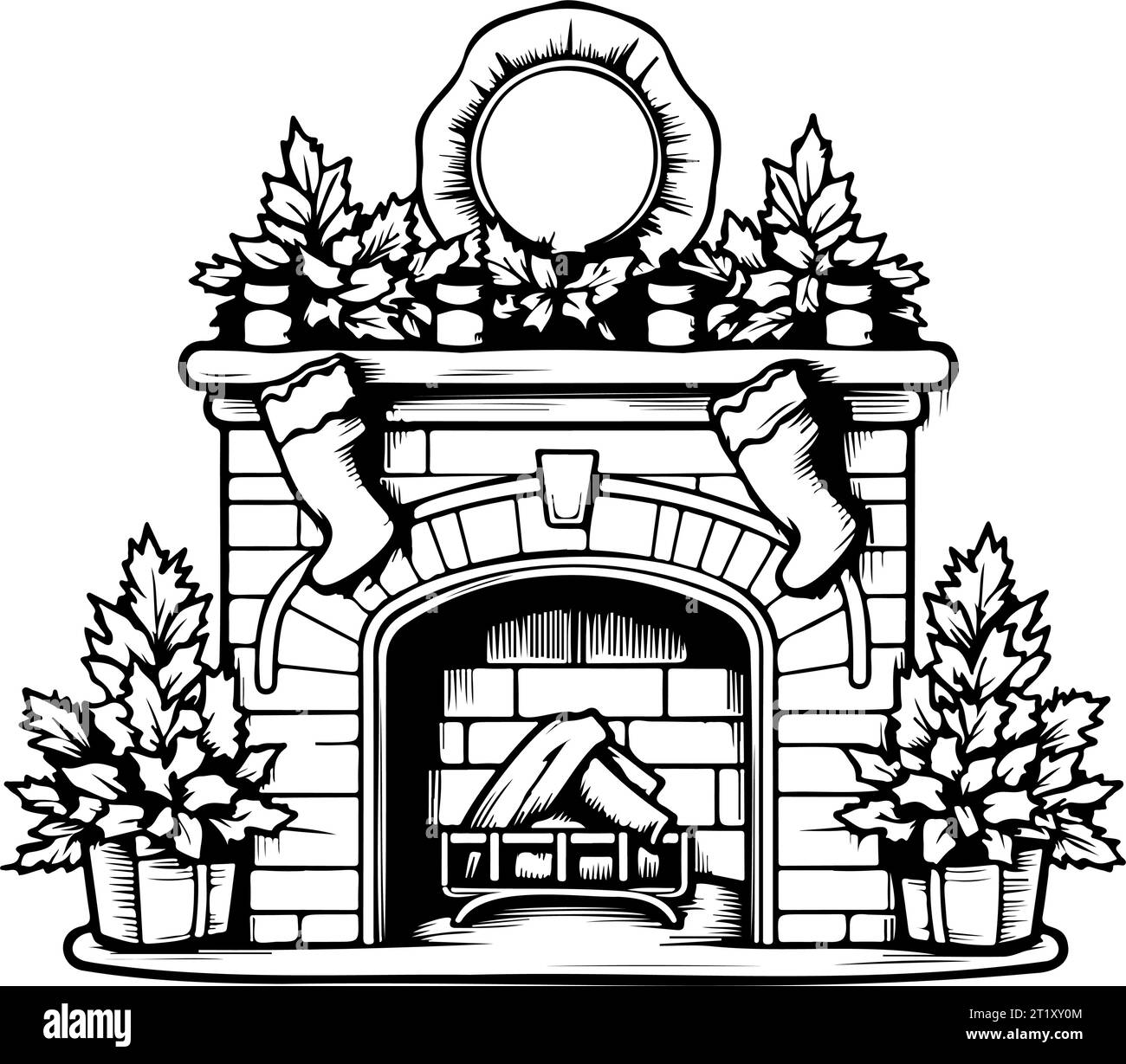 Christmas fireplace decorated with fir branches and stockings ...