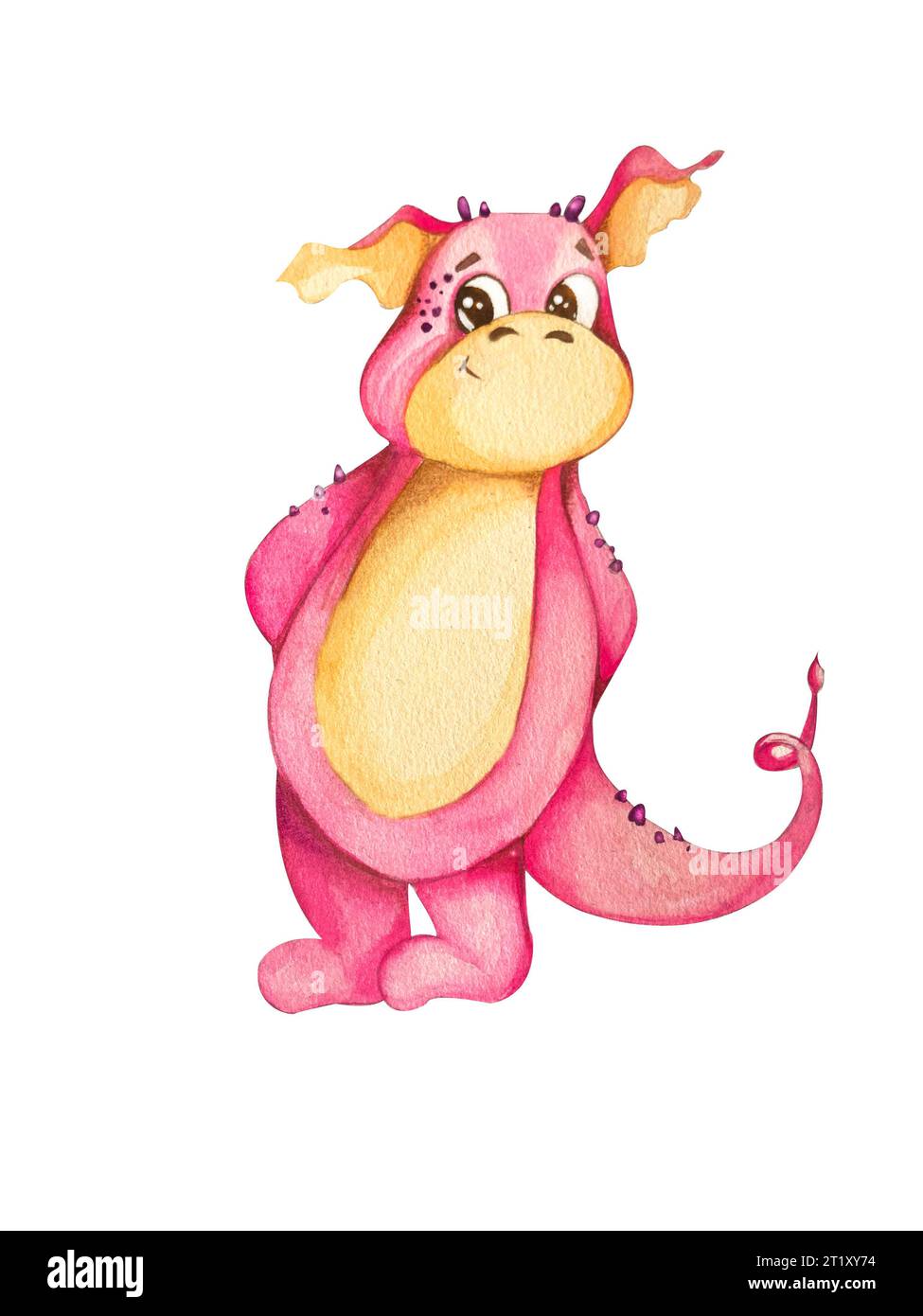 cute funny cartoon pink dragon. Watercolor illustration . Children's illusion. for the design of postcards, prints. Stock Photo