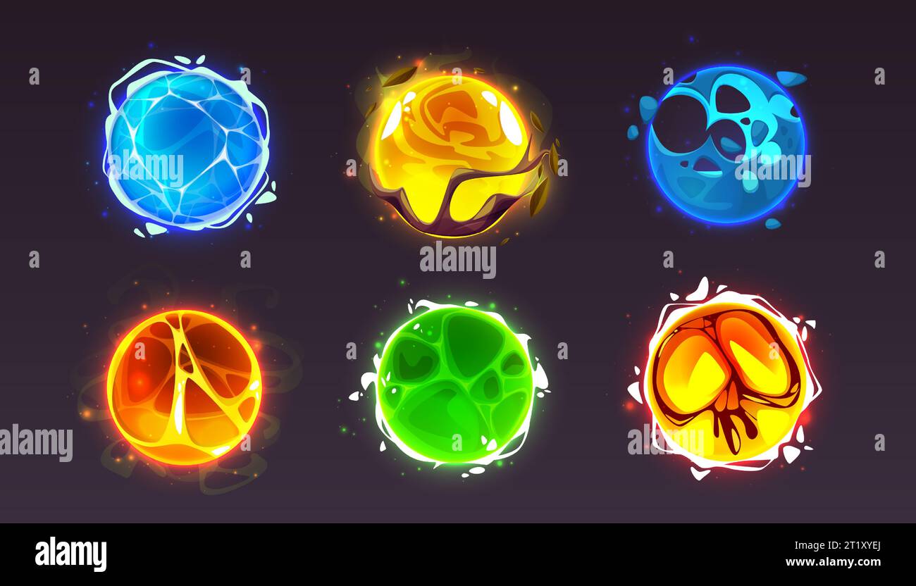 Set of magic energy balls isolated on black background. Vector cartoon