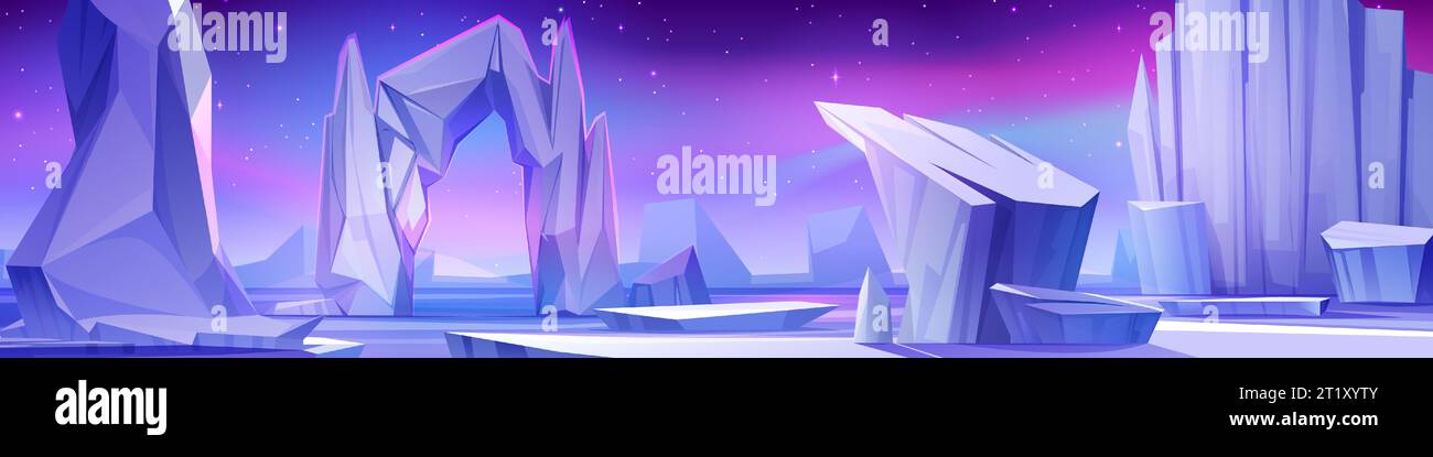 Polar night landscape with glaciers floating in sea and pink aurora borealis in sky. Cartoon vector cold arctic panoramic scenery with iceberg and northern lights. Drifting ice and snow blocks. Stock Vector