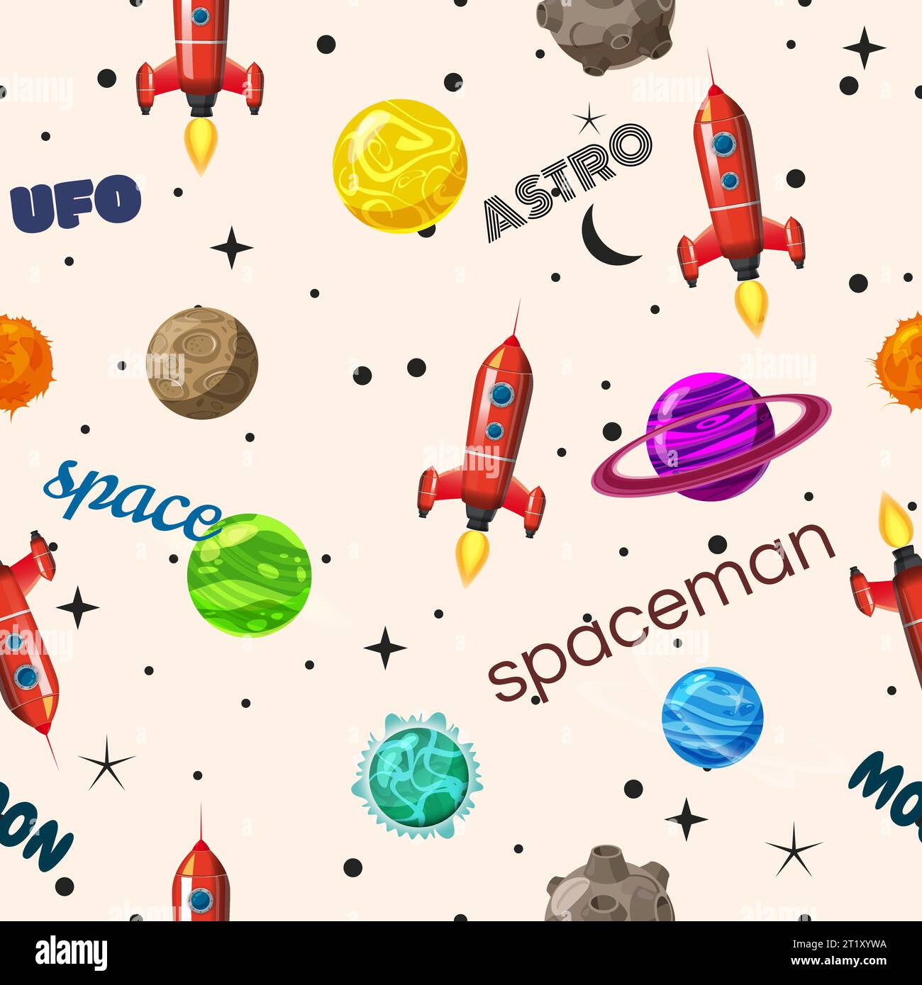 Seamless pattern space planets, rockets and stars Stock Vector