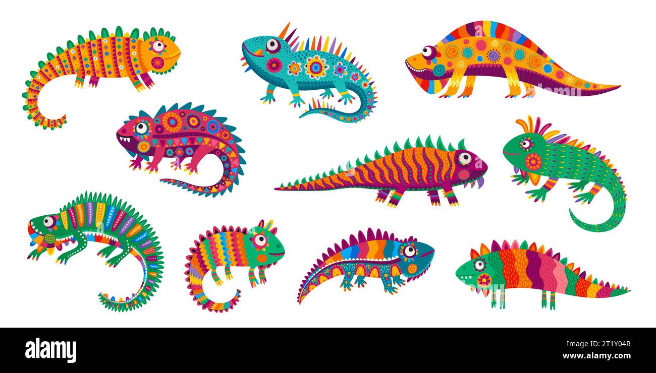 Cartoon Mexican iguana lizard characters, reptiles with ethnic ornament, vector funny animals. Iguanas lizard with Mexican folk art pattern ornament, tropical lizard or gecko with cute faces Stock Vector