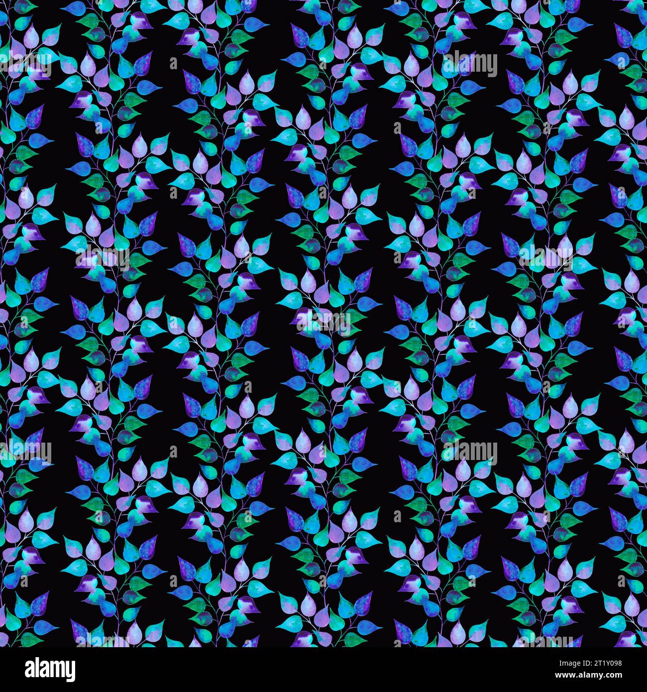 Hand drawn watercolor colorful twig seamless pattern isolated on black background. Can be used for textile, fabric and other printed products Stock Photo
