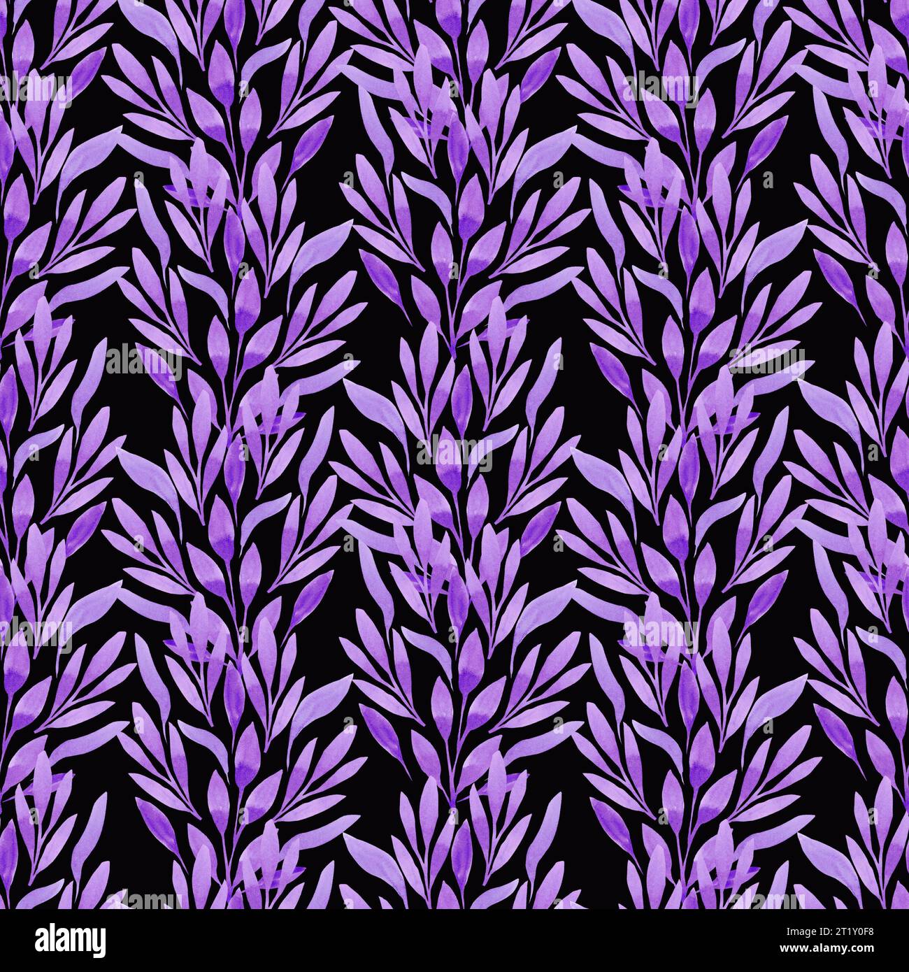 Hand drawn watercolor purple leaves seamless pattern isolated on black background. Can be used for textile, fabric and other printed products Stock Photo