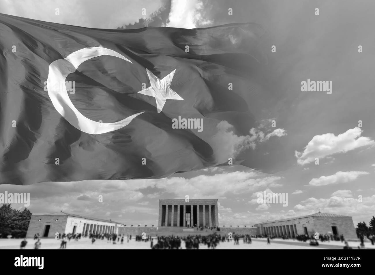 Anitkabir and Turkish Flag in monochrome image. 10 kasim or 10th november concept photo. Memorial day of Mustafa Kemal Ataturk concept image. Stock Photo