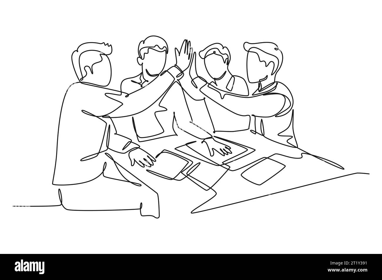 Single continuous line drawing of young businessmen and businesswomen celebrating their successive goal at the business meeting with high five gesture Stock Photo