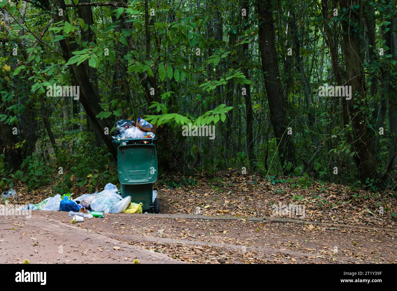 pile of garbage and a full trash bin in the forest. garbage pollution