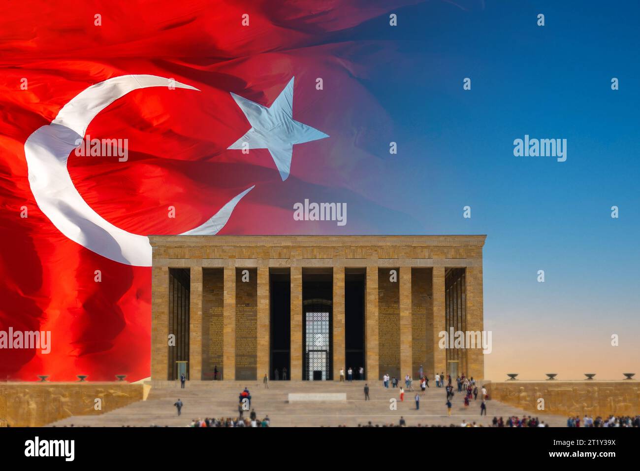 Anitkabir and Turkish Flag with copt space for texts. 10 kasim or 10th november memorial day of Ataturk concept image. Stock Photo
