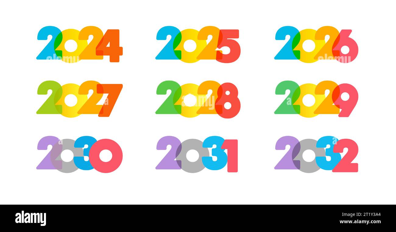 Set of creative numbers from 2024 to 2032. Creative icons 2025, 2026, 2027, 2028, 2029, 2030 and 2031 logo. Calendar or planner cover design. Isolated Stock Vector