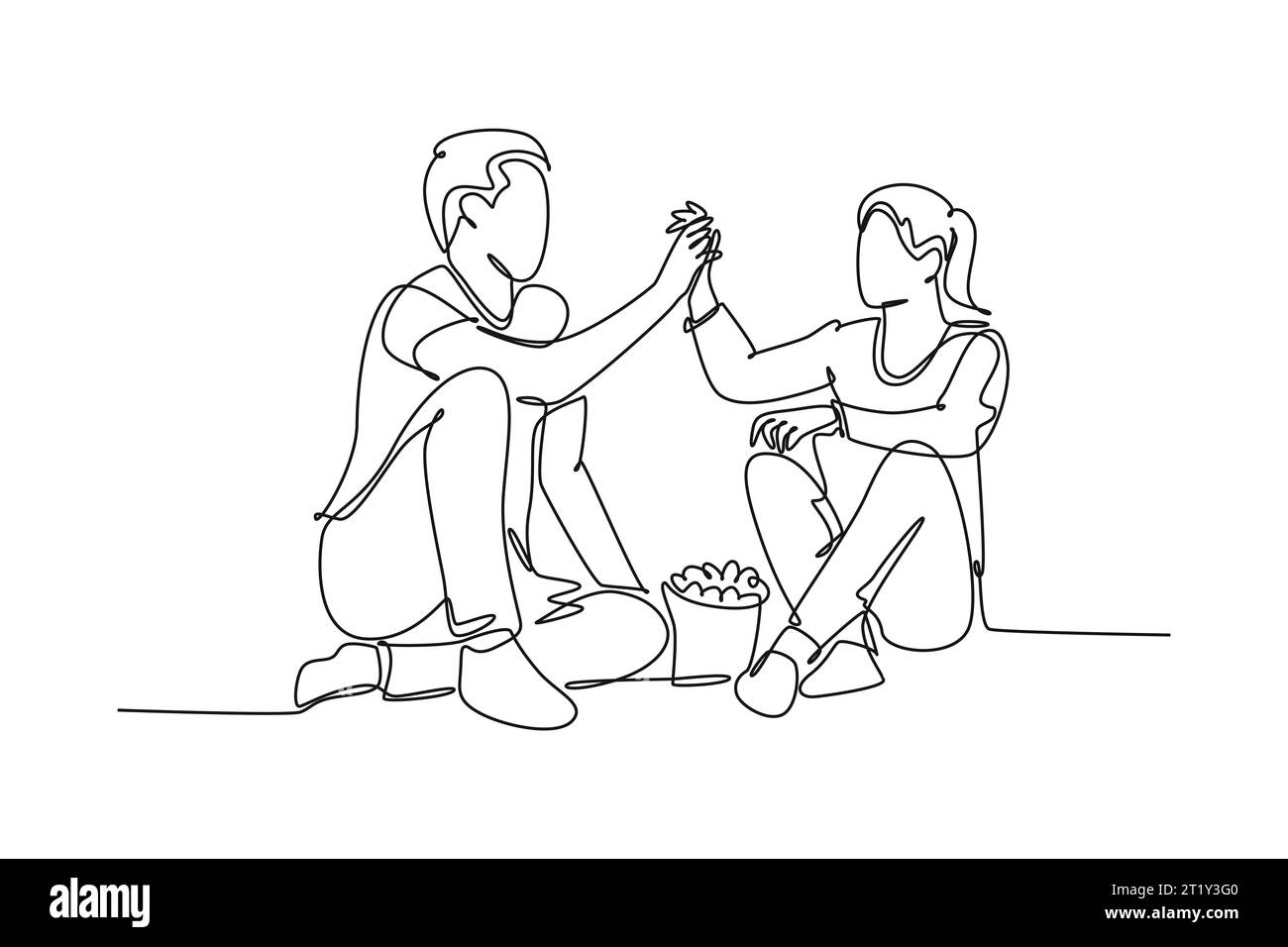 Single continuous line drawing of young happy couple male and female relaxing and spending time together eating popcorn. Romantic relationship concept Stock Photo