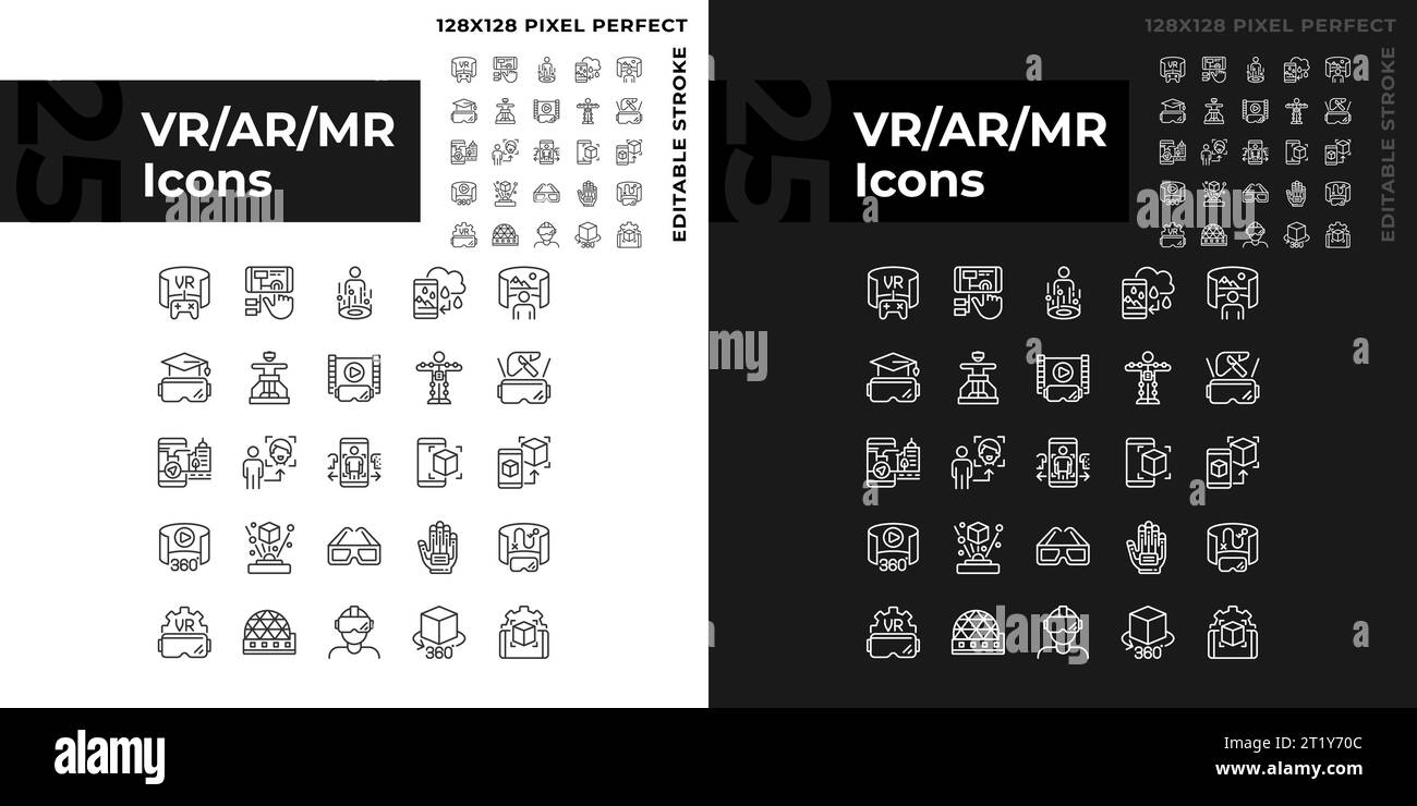 2D customizable light and dark VR, AR and MR icons set Stock Vector