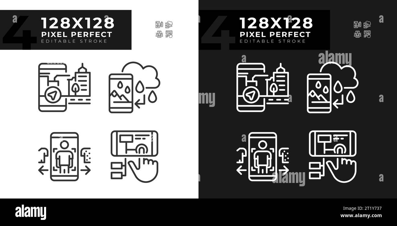 Pixel perfect light and dark VR, AR and MR thin line icons set Stock Vector