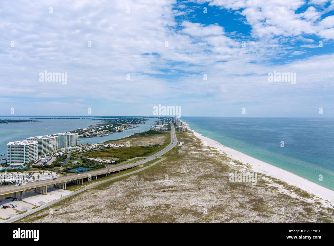 Aerial view of the Orange Beach, Alabama waterfront in October 2023