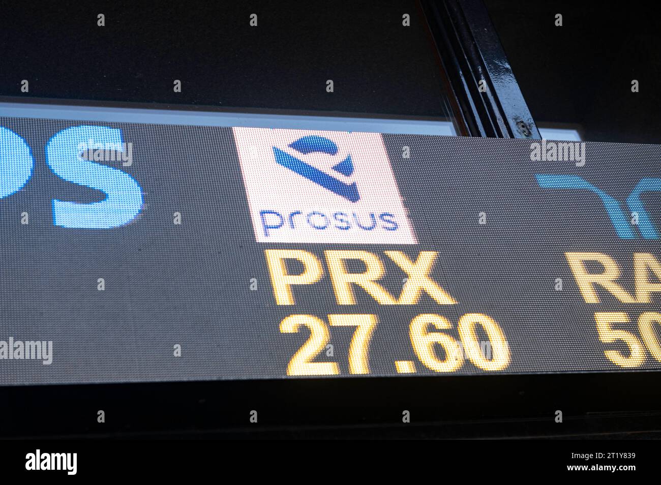 Amsterdam The, Netherlands. 15th Oct, 2023. Beursplein 5 Amsterdam Euronext stock exchange aandelenbeurs, considered to be the oldest securities exchanges in the world. LED lamp tickertape shows the price of shares for AEX quoted companies. The price of consumer internet group Prosus as of Friday 13th October. finance, financial, effectenbeurs, handelsbeurzen, equities, trade, trading, bedrijf, bedrijven, business, logo, Credit: Imago/Alamy Live News Stock Photo