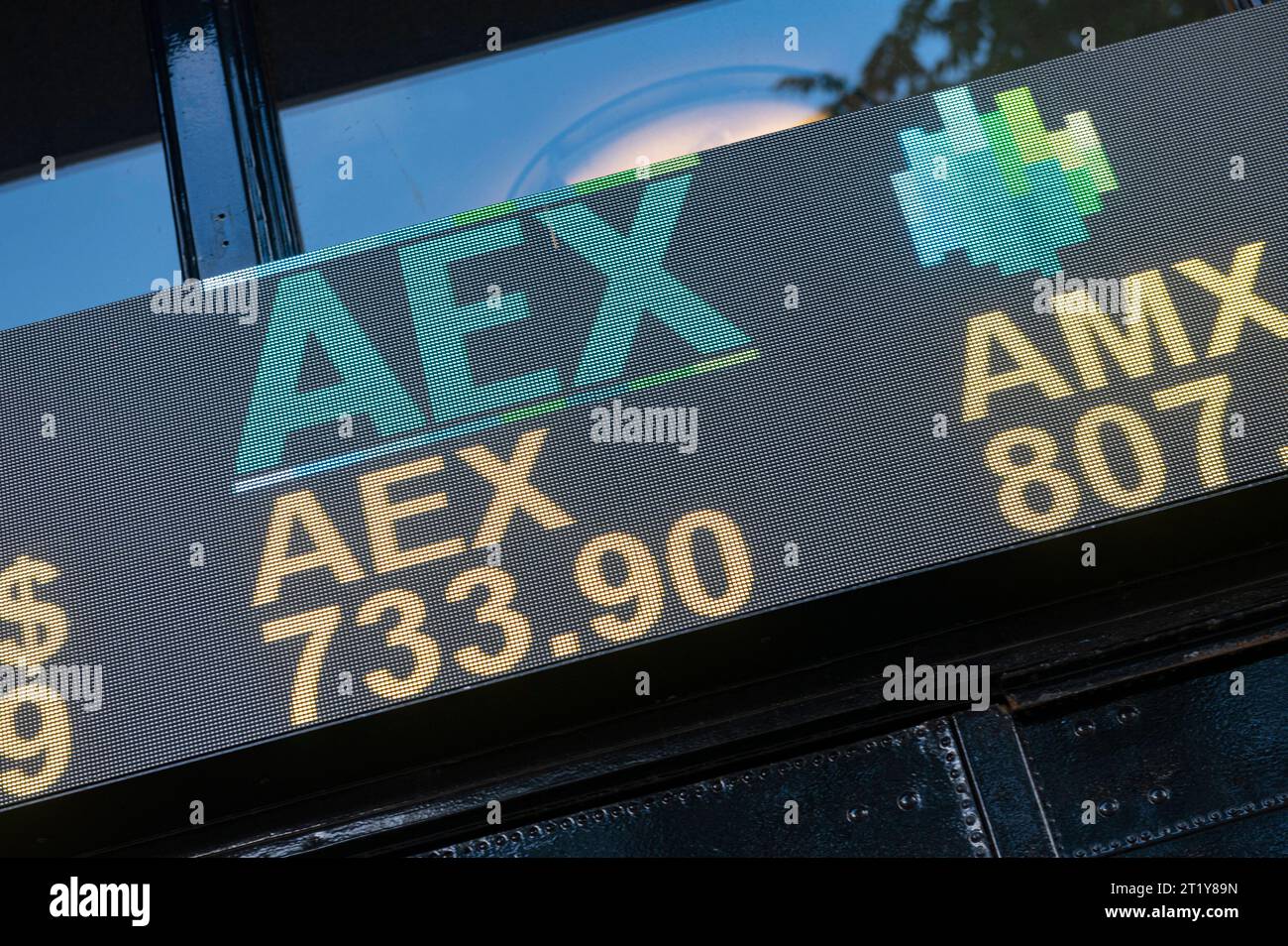 Amsterdam The, Netherlands. 15th Oct, 2023. Beursplein 5 Amsterdam Euronext stock exchange aandelenbeurs, considered to be the oldest securities exchanges in the world. LED lamp tickertape shows the price of shares for AEX quoted companies. The AEX index as of Friday 13th October. finance, financial, effectenbeurs, handelsbeurzen, equities, trade, trading, bedrijf, bedrijven, business, logo, Credit: Imago/Alamy Live News Stock Photo