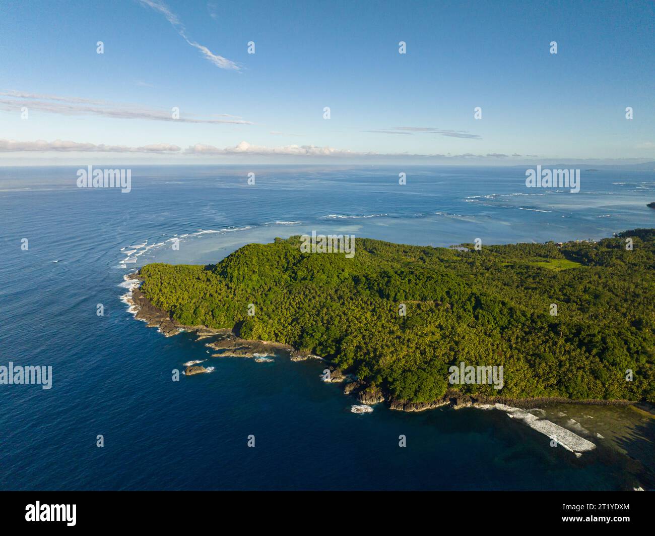 Aerial view of Tropical Island with Rocky Coast. Surigao del Sur. Mindanao, Philippines. Stock Photo