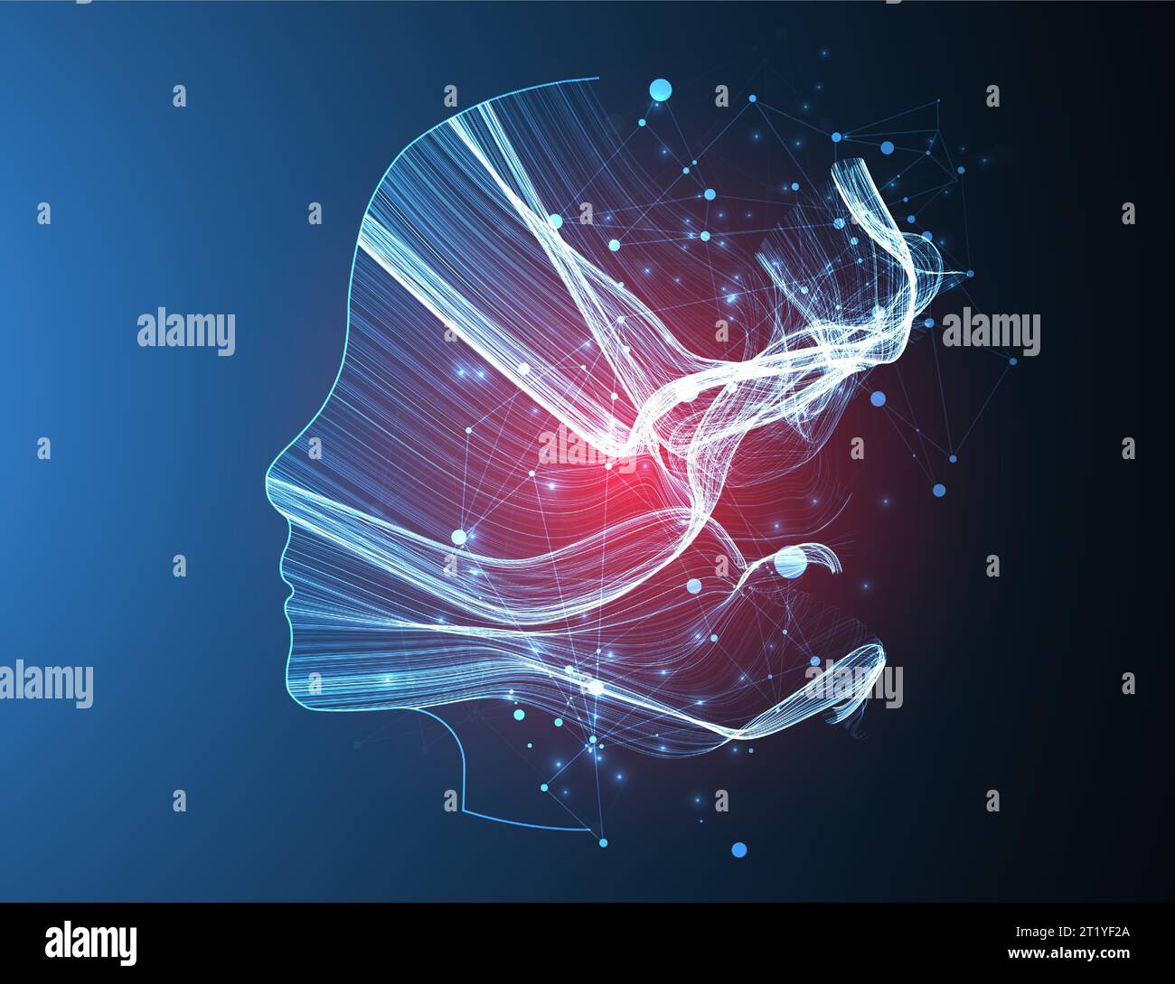 The silhouette of a human head is filled with waves. Abstract neon vector background. Stock Vector