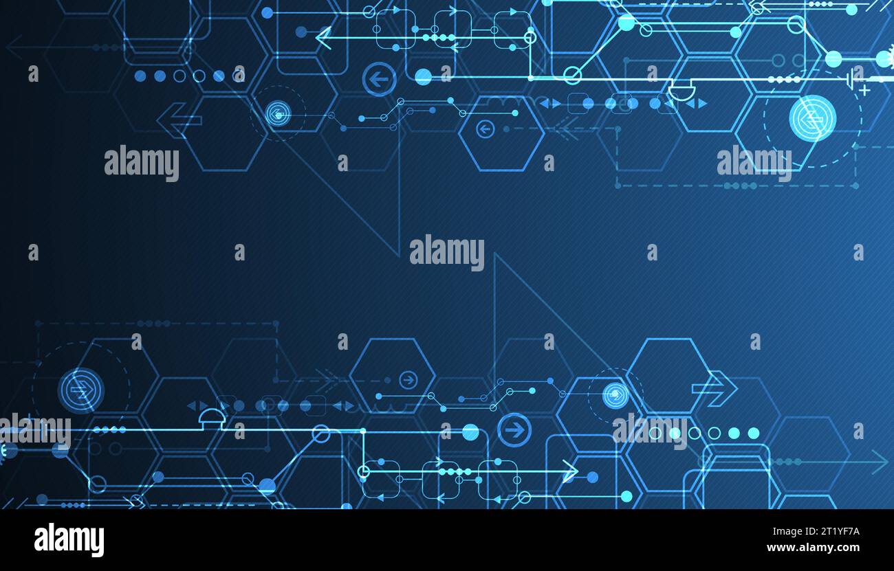 Abstract circuit board and hexagons on dark blue color background. Hi ...