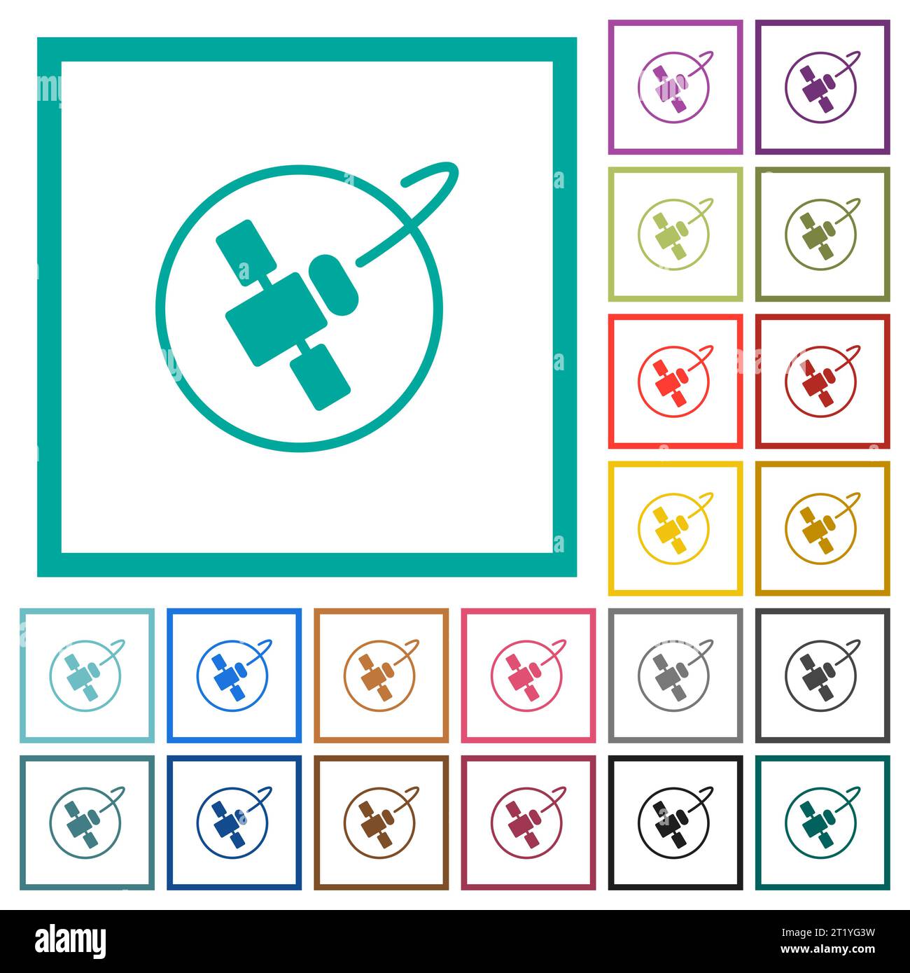 Satellite in orbit solid flat color icons with quadrant frames on white background Stock Vector