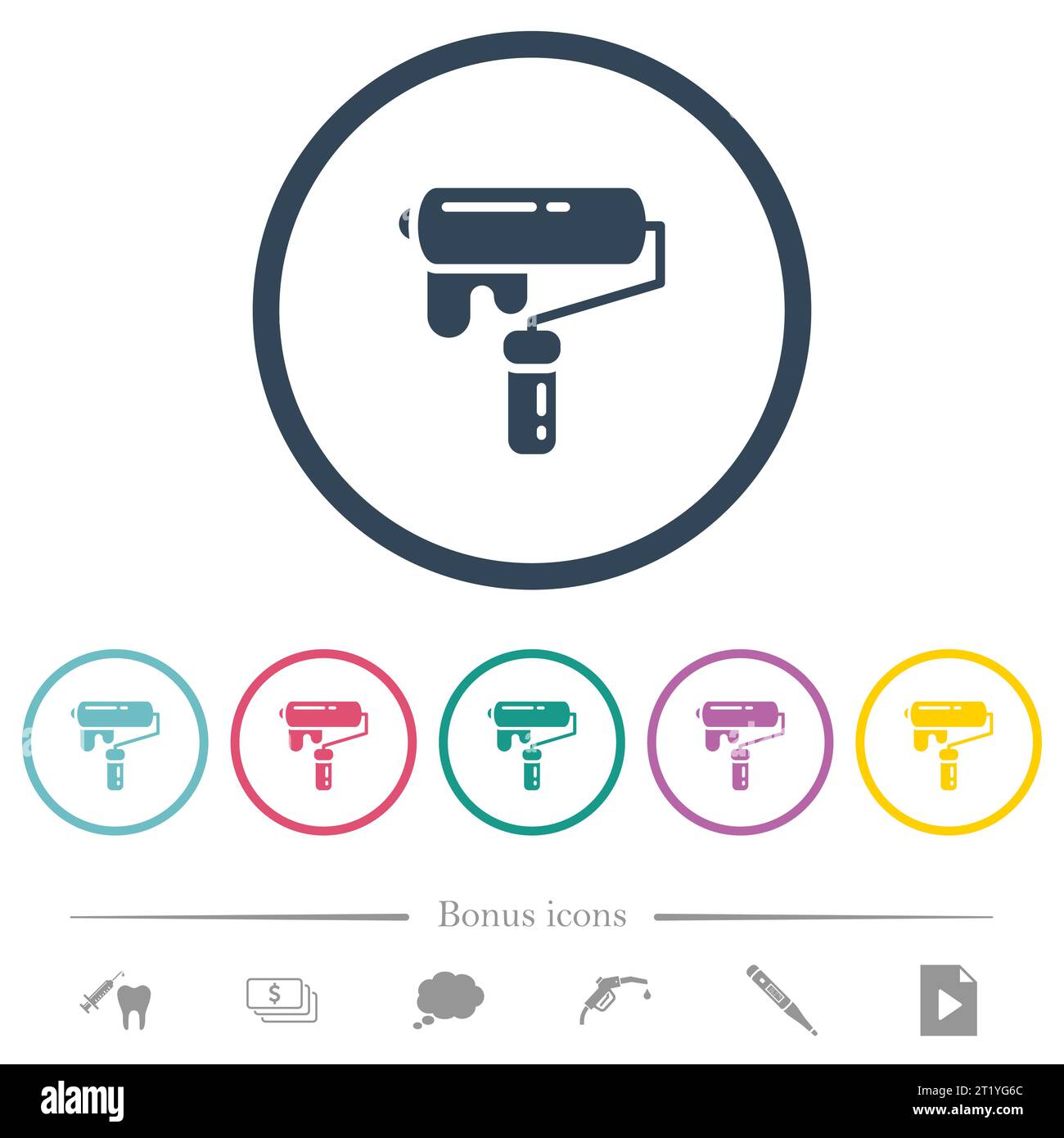 Painting with paint roller flat color icons in round outlines. 6 bonus ...