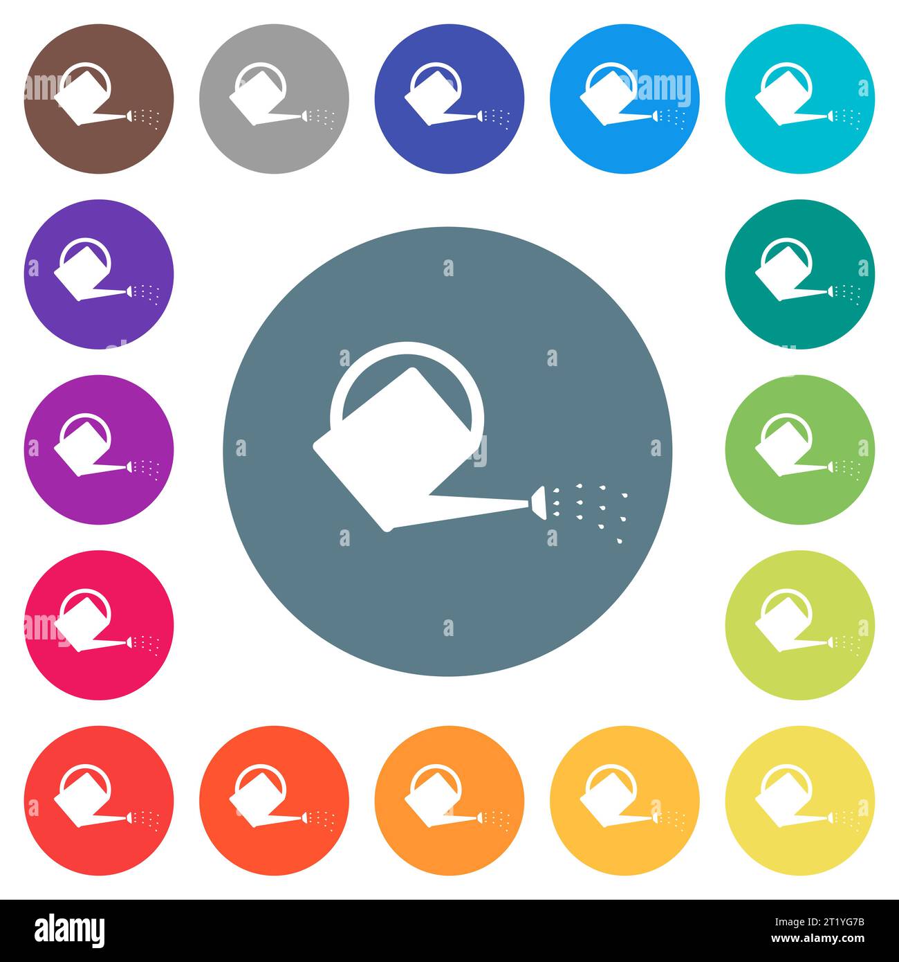 Watering can flat white icons on round color backgrounds. 17 background color variations are included. Stock Vector