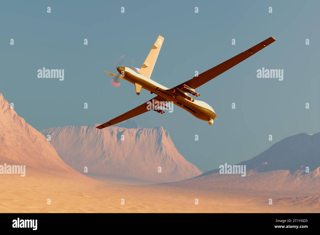 Armed, military predator drone flying over desert and mountains, spying