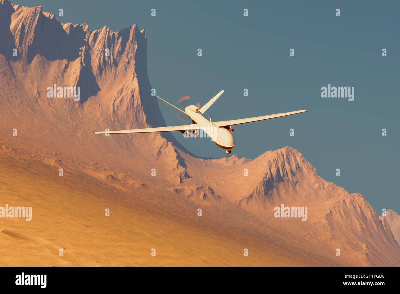 Armed, military predator drone flying over desert and mountains, spying