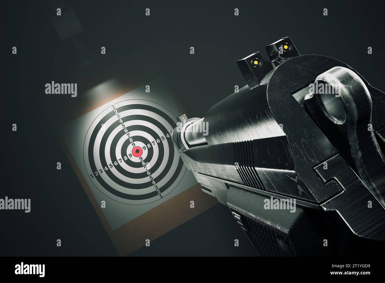 Gun aiming towards shooting target. Pistol in hands focuses aim to the