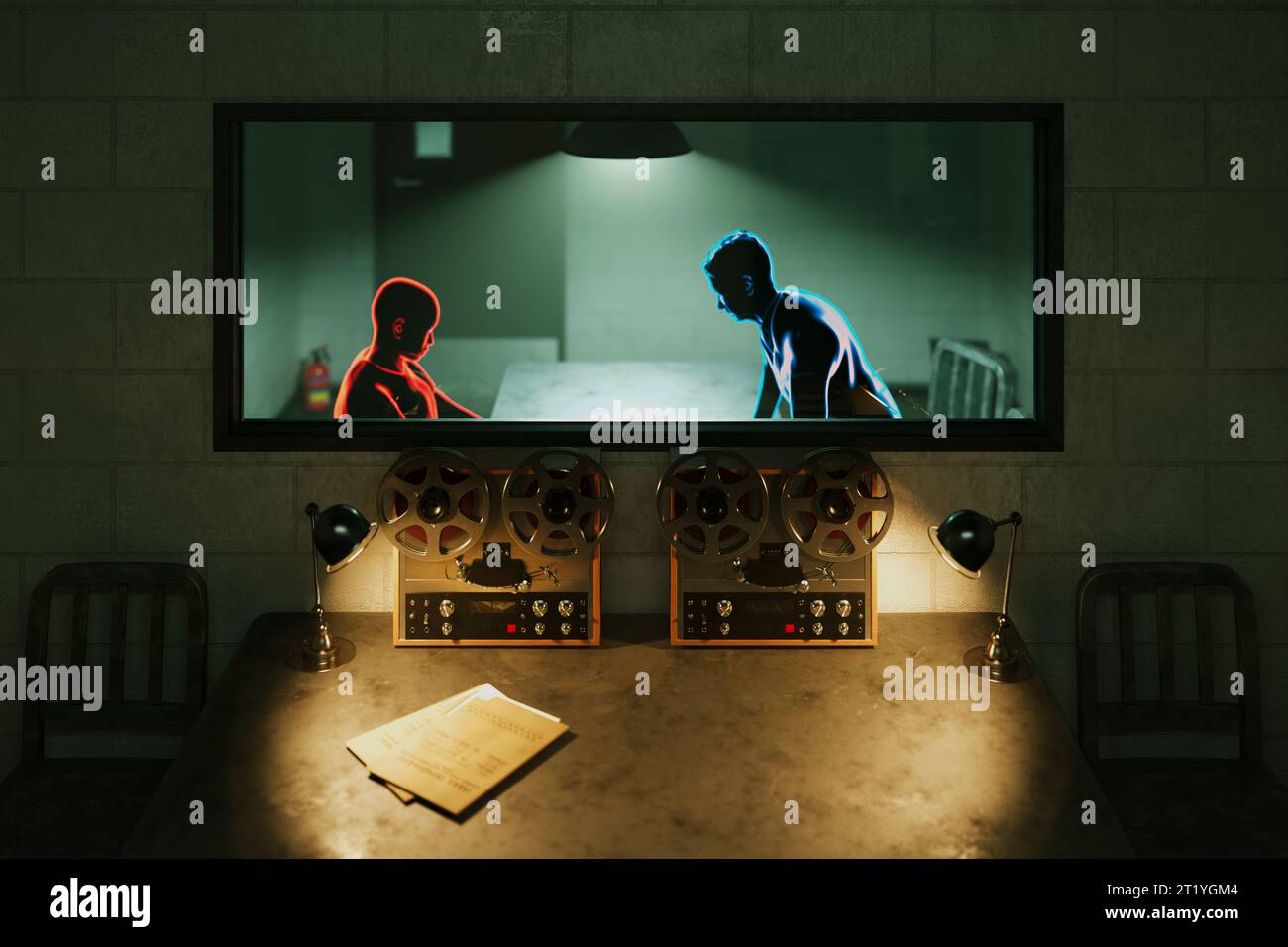 A view of a police interrogation room from behind a oneway mirror