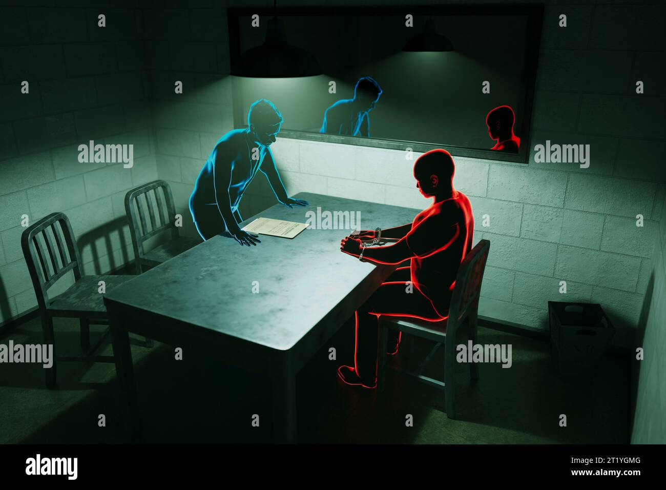 Police interrogation room captured from a high angle. Silhouettes of a ...