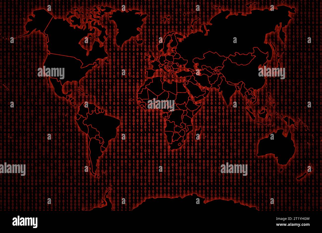 Black world map against a red binary code background. Stock Photo