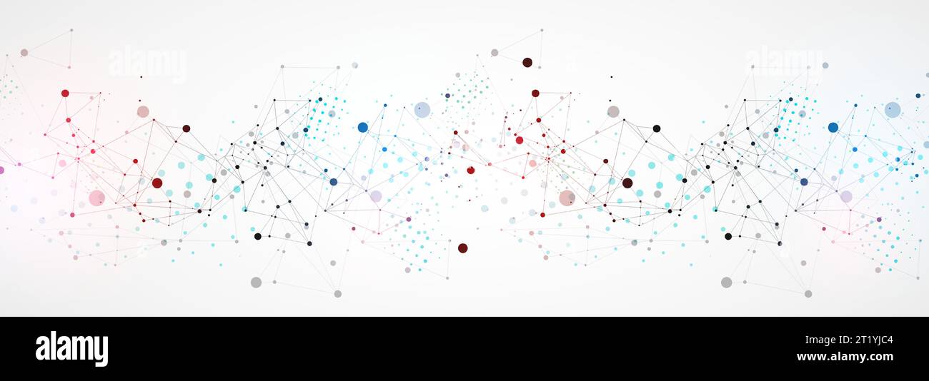 Template for science and technology presentation. Circles are connected by lines. Plexus style background. Stock Vector