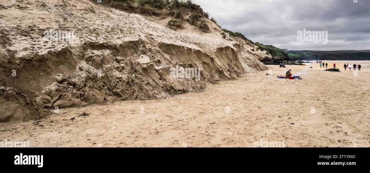 A panoramic image of erosion damage to the Crantock Dune system caused