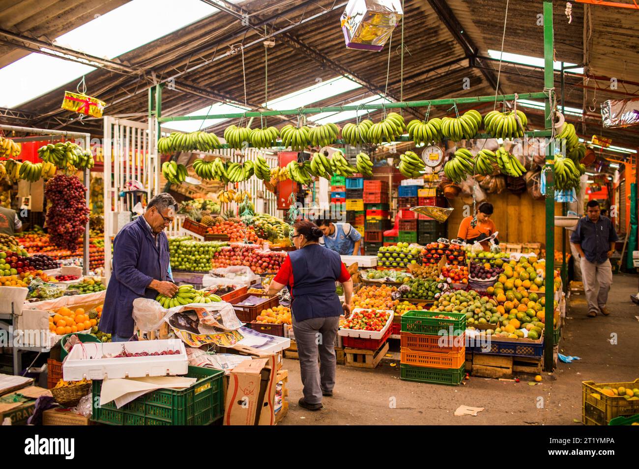 Venders at the Plaza de Mercado deÂ Paloquemao in Bogota, Colombia sell everything from fruits and vegetables to fish to chickens. Stock Photo