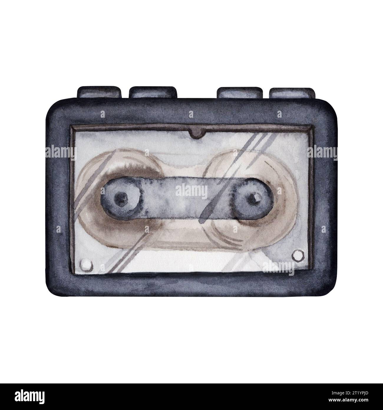 Portable electronic cassette player. Hand drawn watercolor illustration on white background