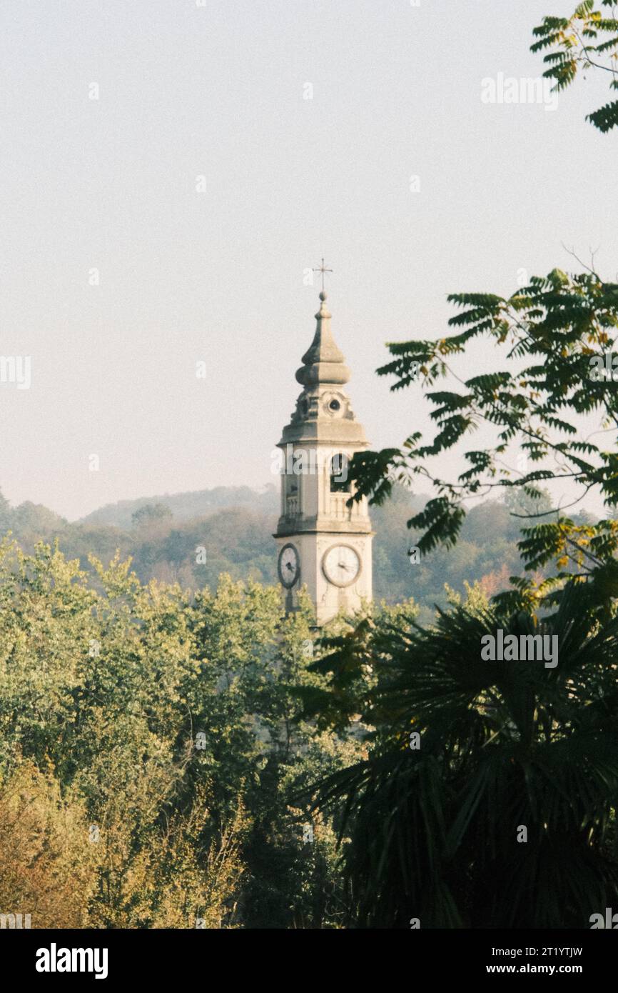 A clock tower in the hills of Turin Stock Photo