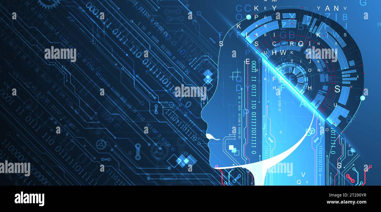 Tech Intelligence Artificial Intelligence. Technical background with a silhouette of a ...