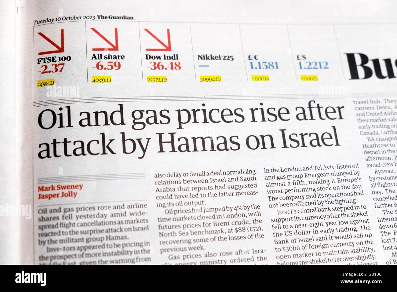 'Oil and gas prices rise after attack by Hamas on Israel' Guardian