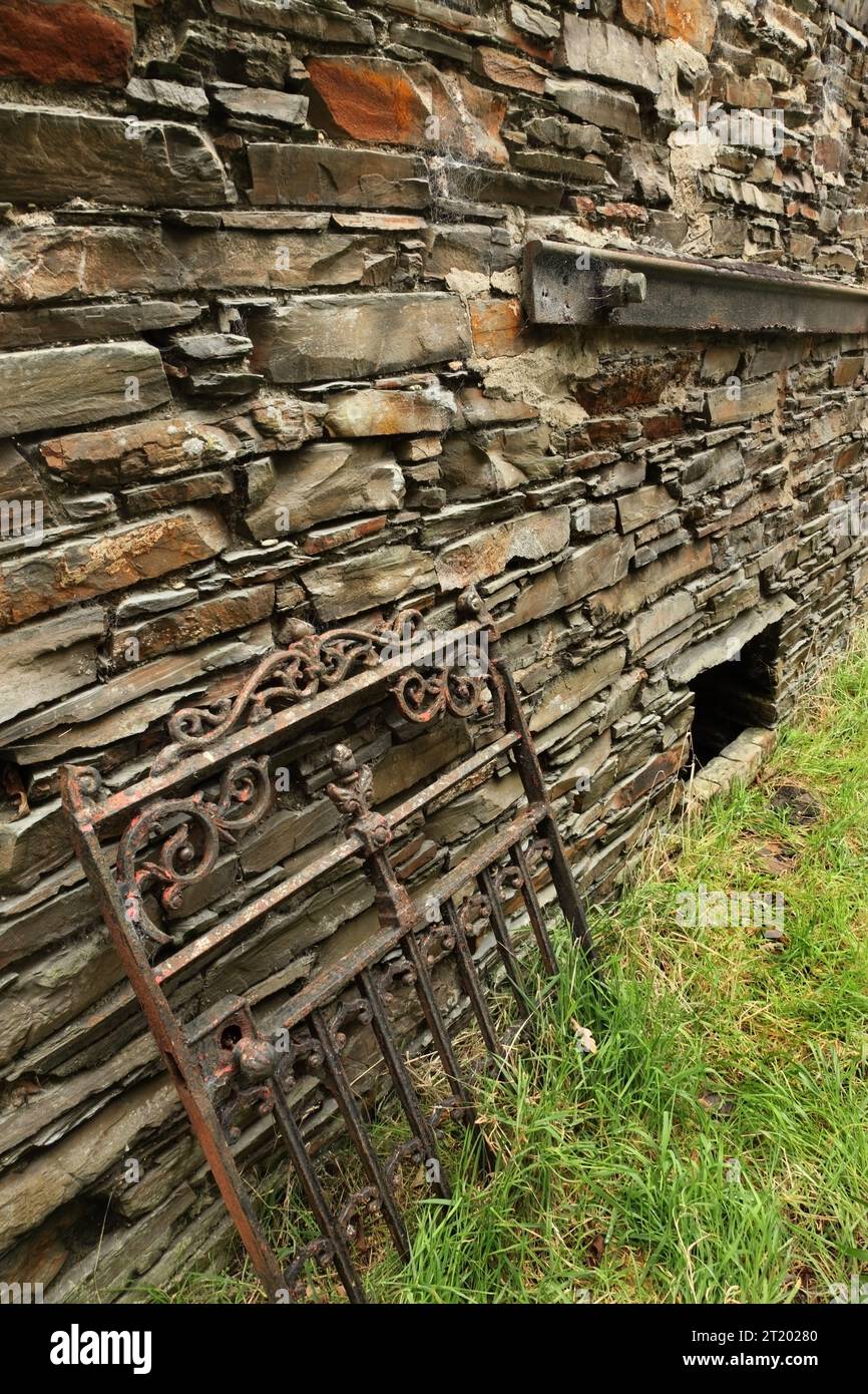 Old cast iron gate at Glenfaba Watermill alongside the River Neb, nr Peel, Isle of Man. Stock Photo