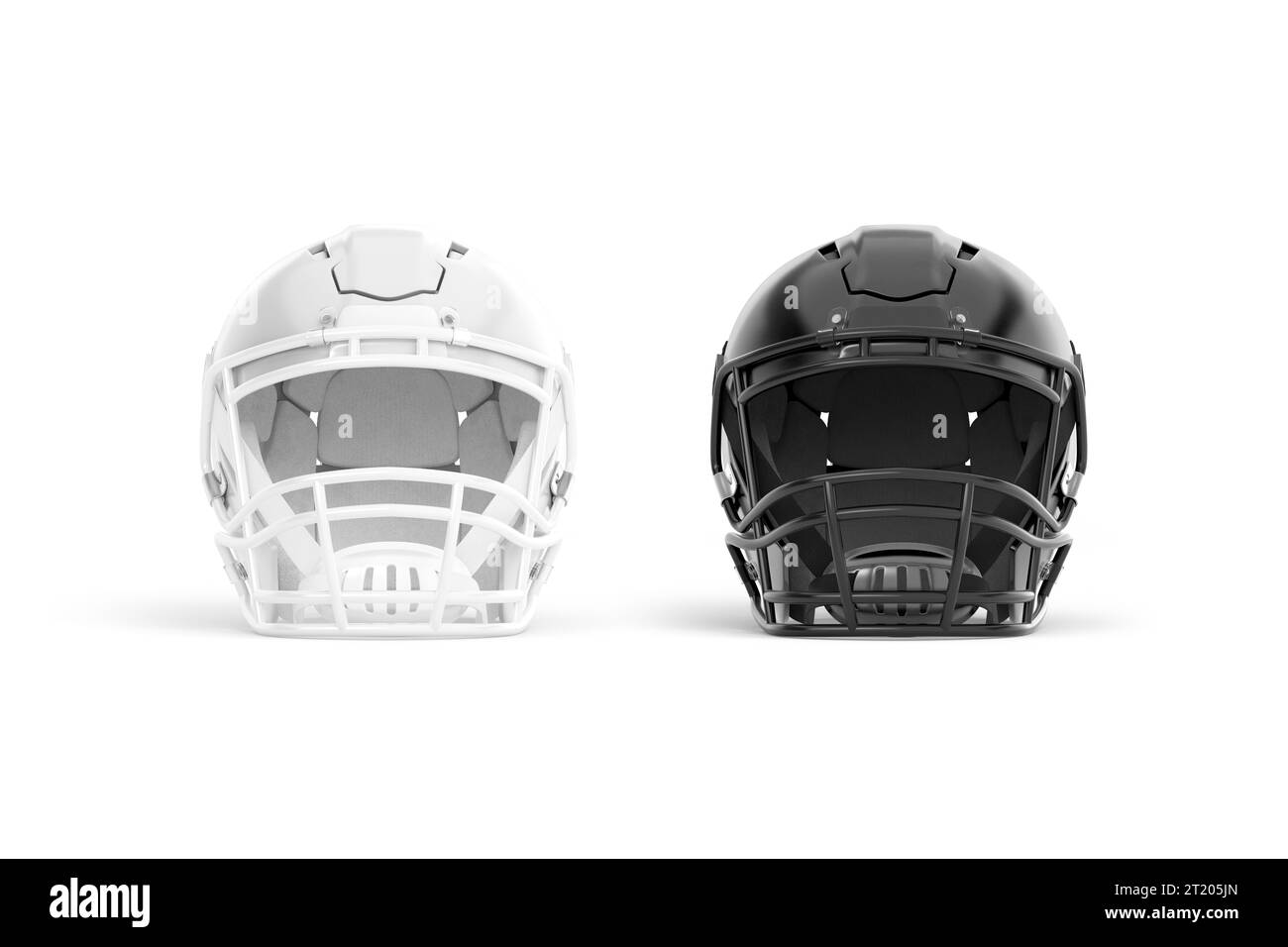 Blank black and white american football helmet mockup, front view, 3d rendering. Empty protective hard hat for guard player mock up, isolated. Clear s Stock Photo